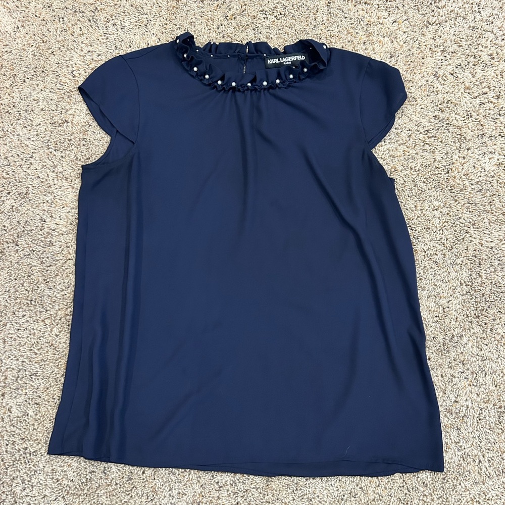 Karl Lagerfeld Blue Ruffled Cap Sleeve Blouse